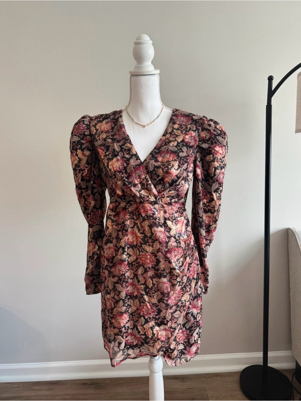Express Floral Puff Sleeve Wrap Midi Dress - Black & Pink